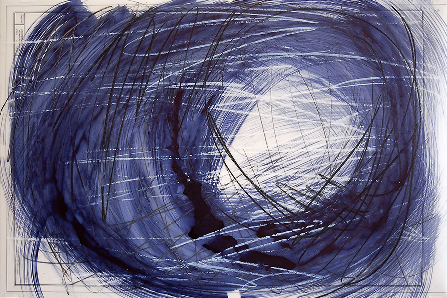 #18931, Indigo and Black Lines, 2018, 	36×24 inch, ink on mylar